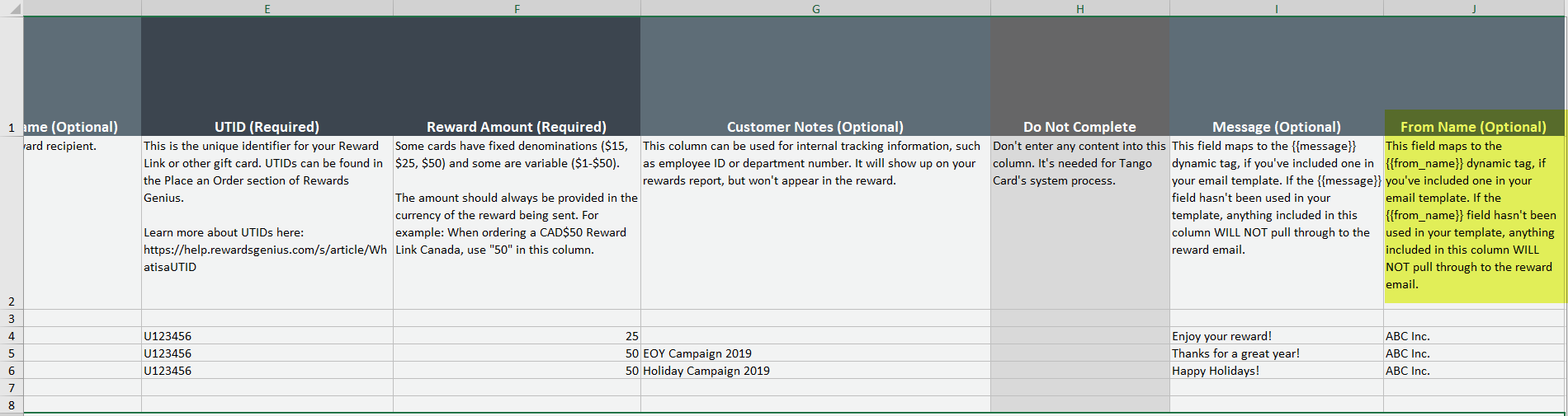 The from name column when filling out a bulk order file