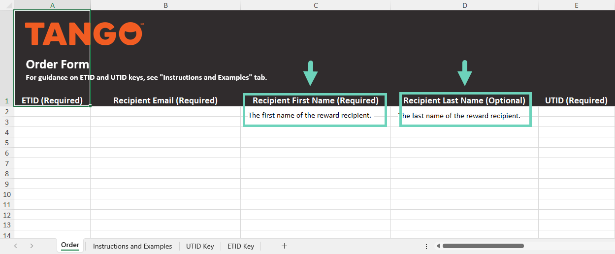 The recipient name columns when filling out a bulk order file