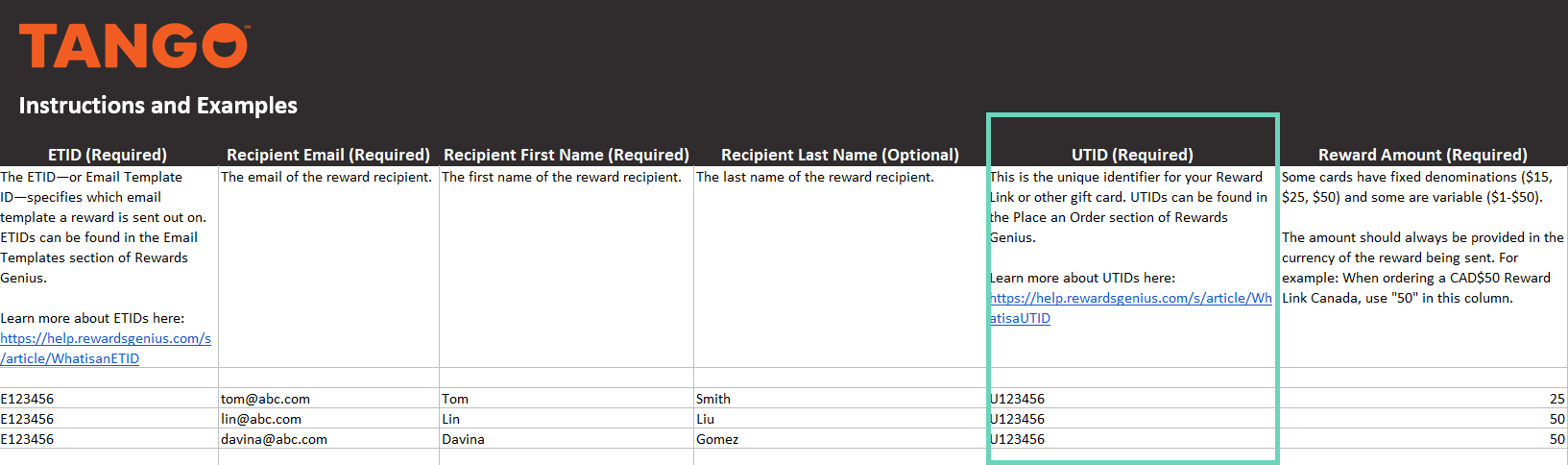 Set the UTID in a bulk order