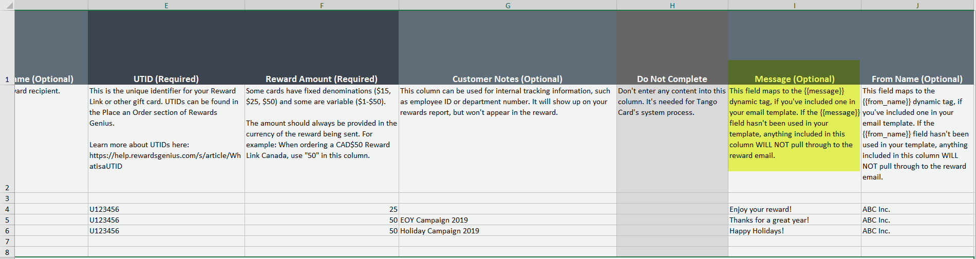 The message column when filling out a bulk order file