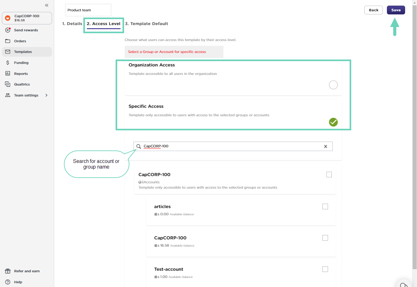 Set email template access levels.