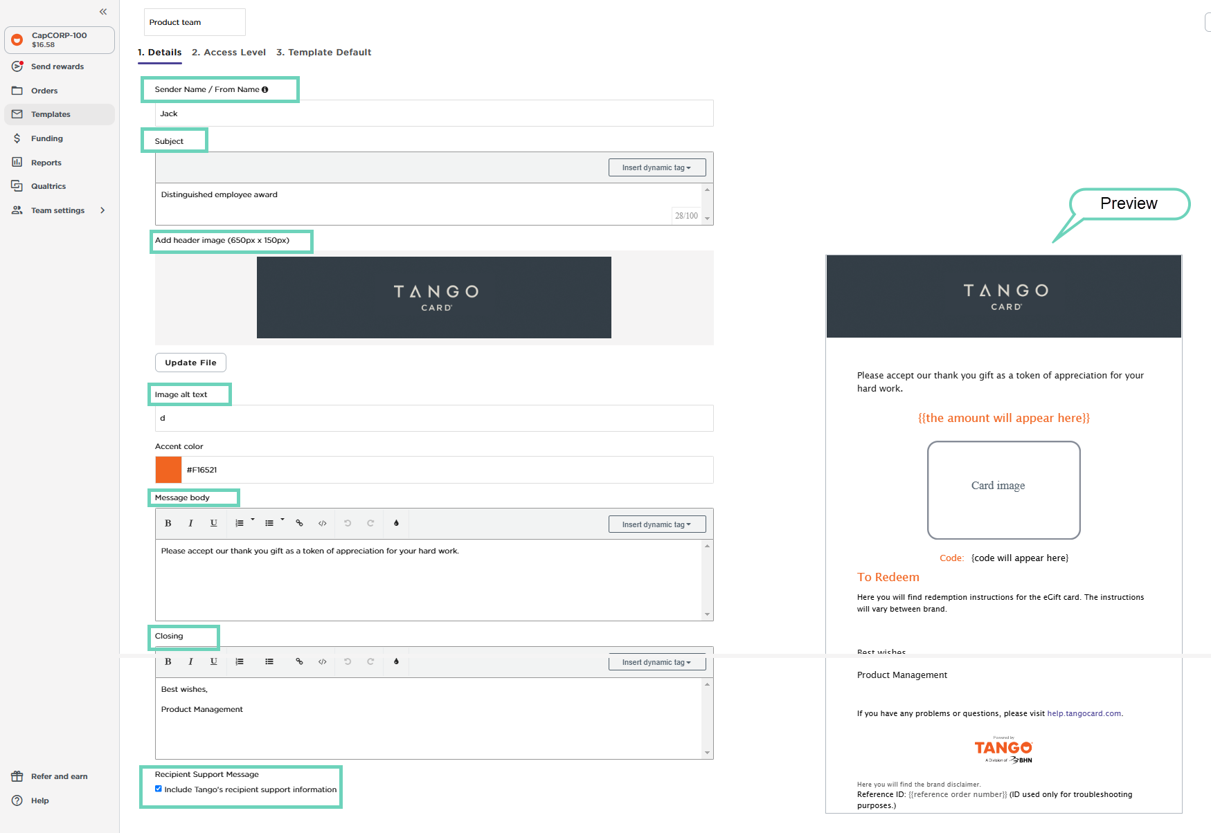 Email template customization view.