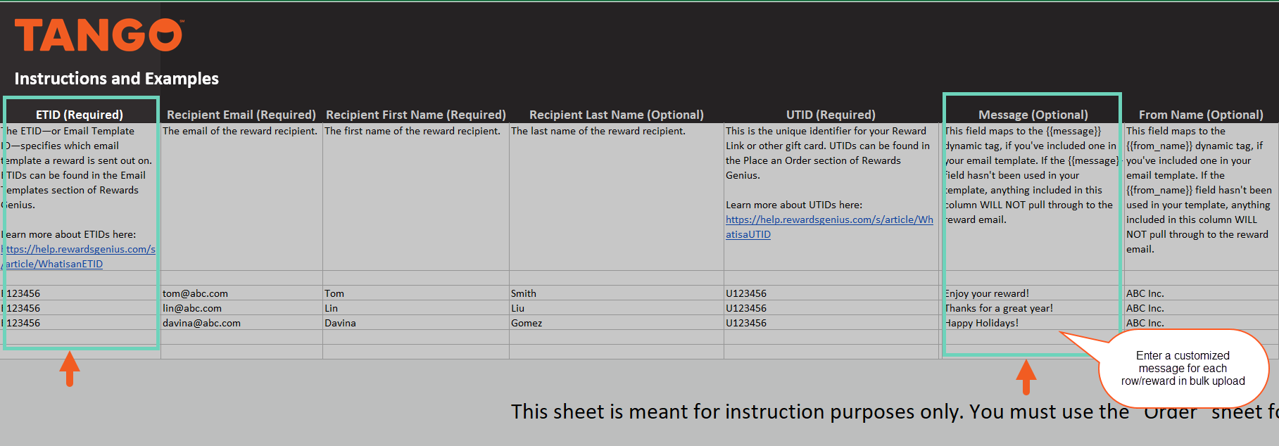 A space to enter a custom message for each reward in a bulk order file.