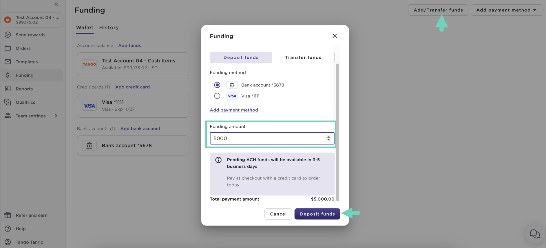 Add funds using a registered bank account