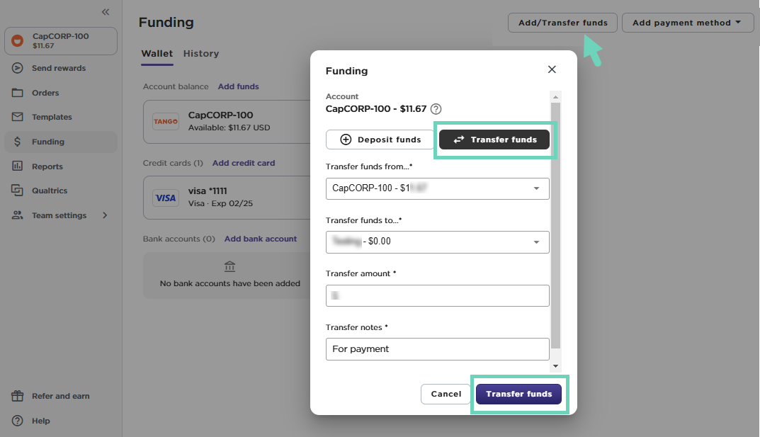 Transfer funds between accounts of the same currency on the same Tango platform.