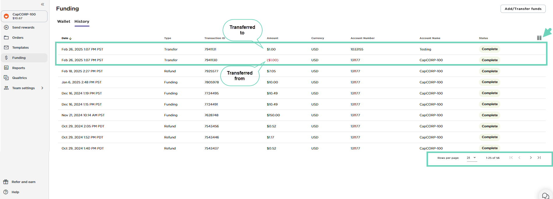 Review history of funding transfers between accounts on a Tango platform.