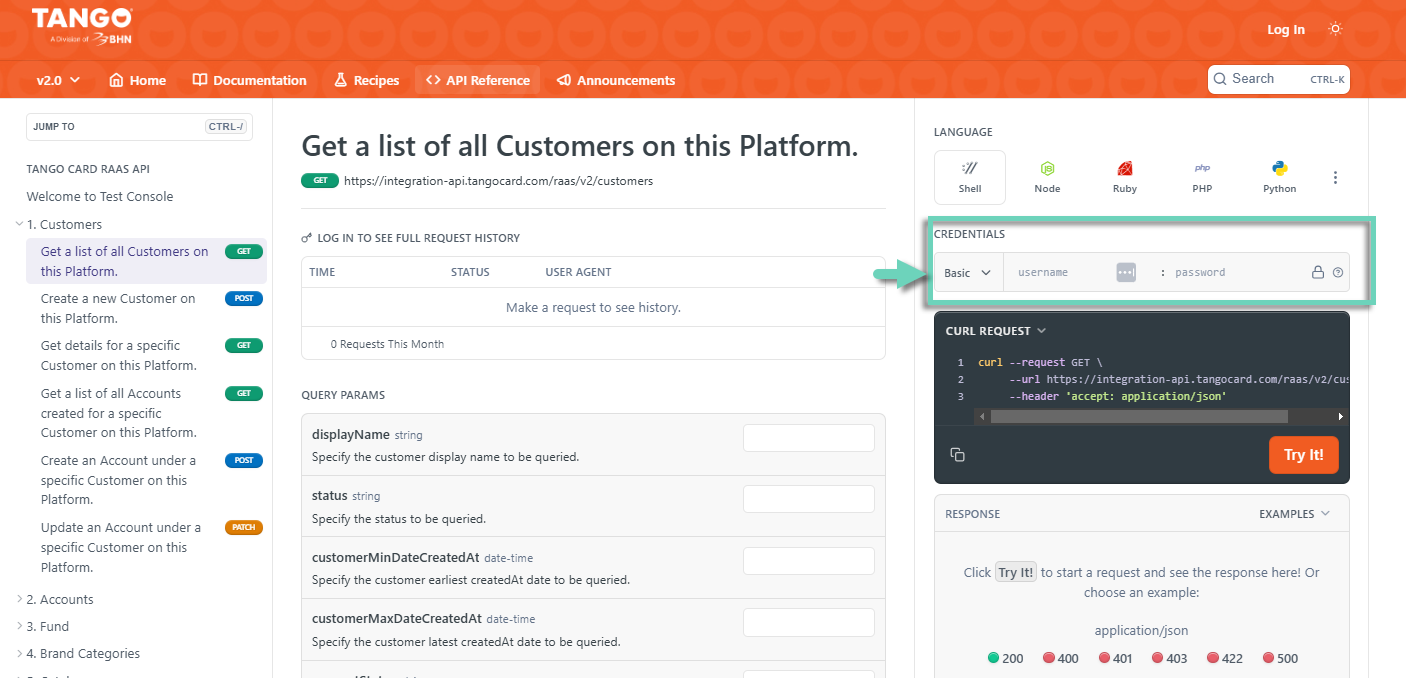 Authenticate with your own or test credentials for a Tango Sandbox platform on the API test console