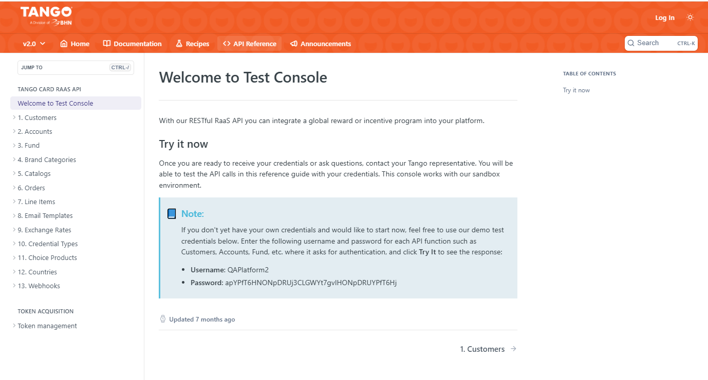 Tango developer docs: API test console
