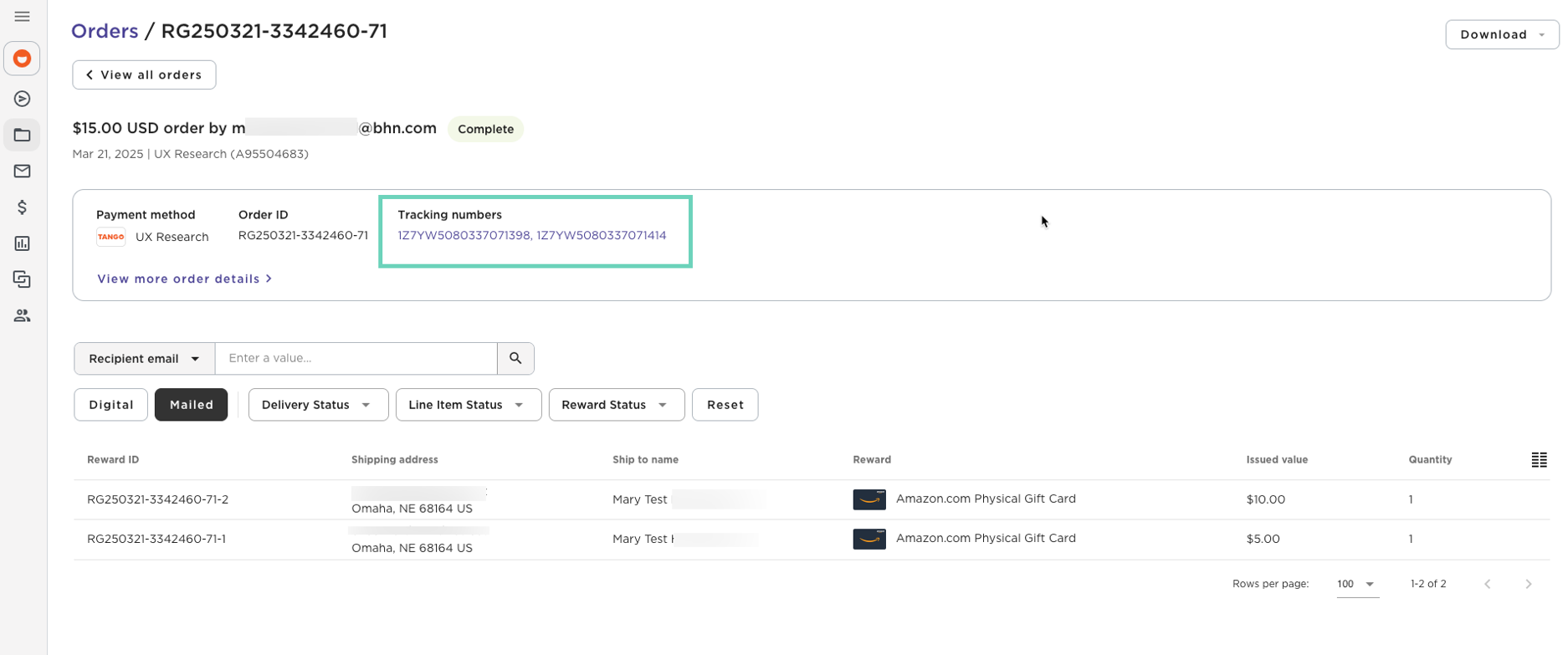 Tracking numbers appear once the order has been shipped.