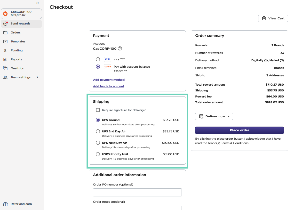 Shipping options