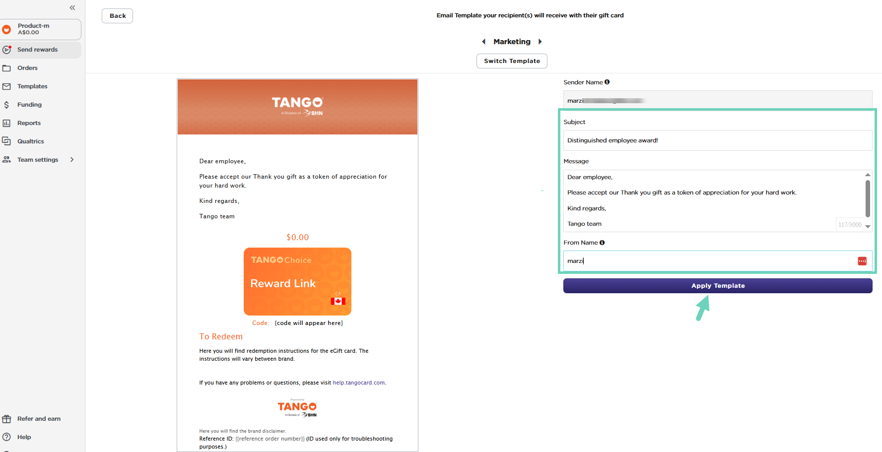 Customize email subject, message, and from name.