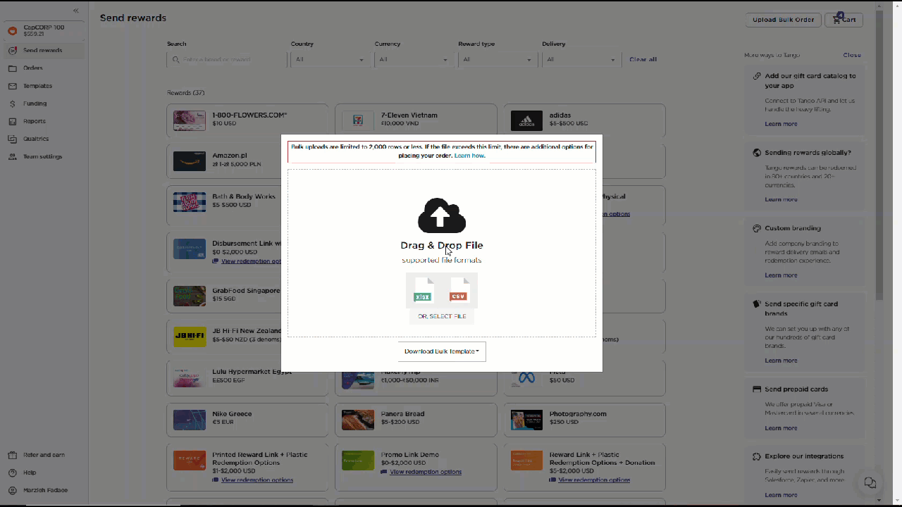 Send bulk digital and printed rewards with Tango