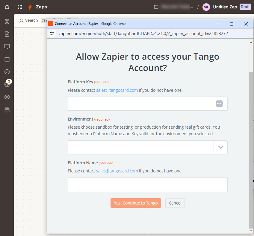 Enter basic API connection information for your Tango platform.